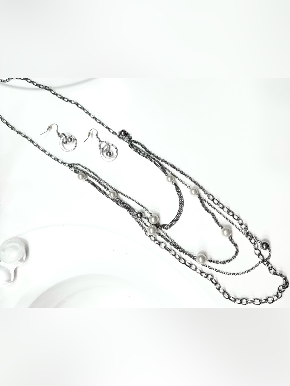 Layered Silver-Tone Pearl Accent Necklace with Matching Earrings